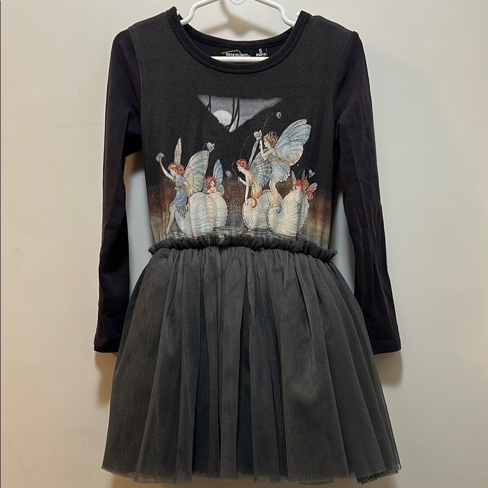 Rock Your Kid Australian Brand Black Fairy Print Dress with Tulle Skirt Size 5